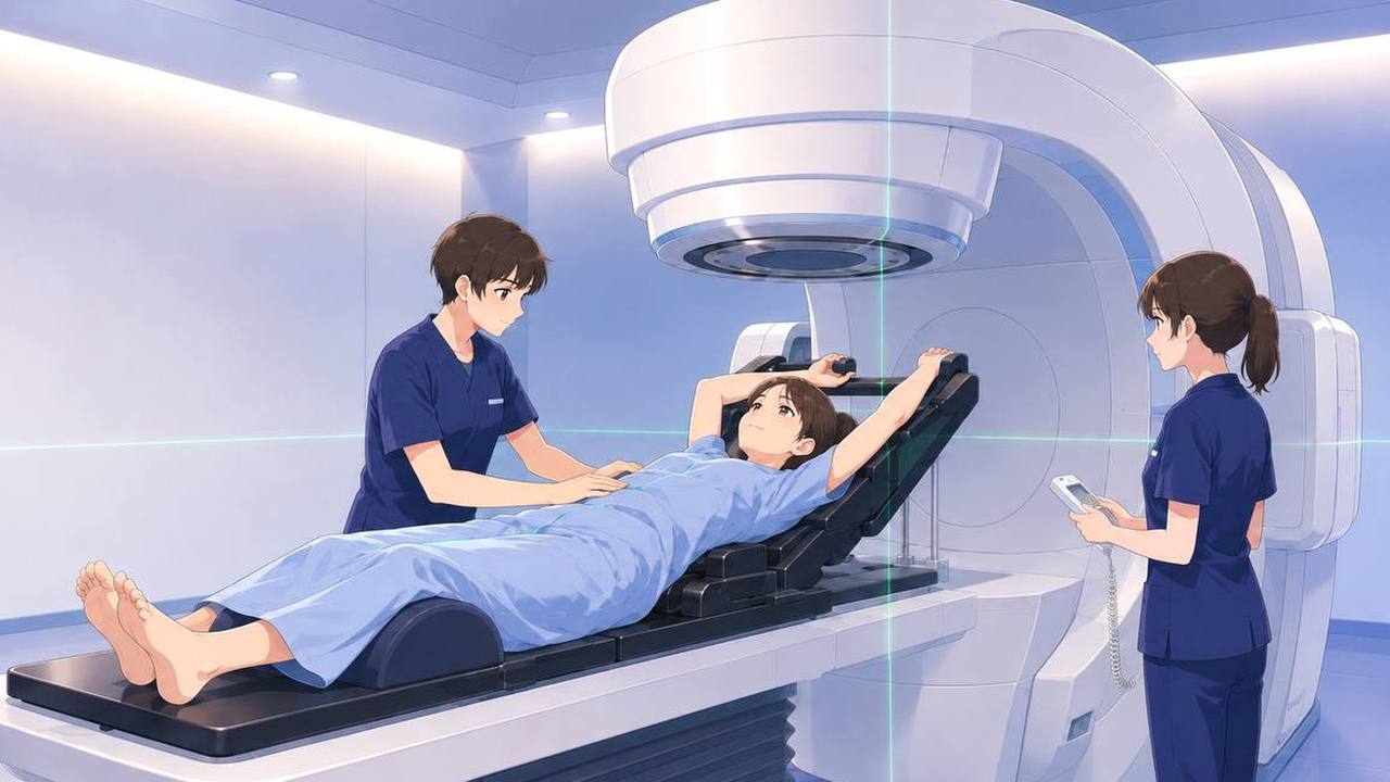 رسم توضيحي لمريضة مستلقية على طاولة العلاج وذراعاها مرفوعتان بينما يتحقق فنيان من الوضعية تحت المسرّع الخطي